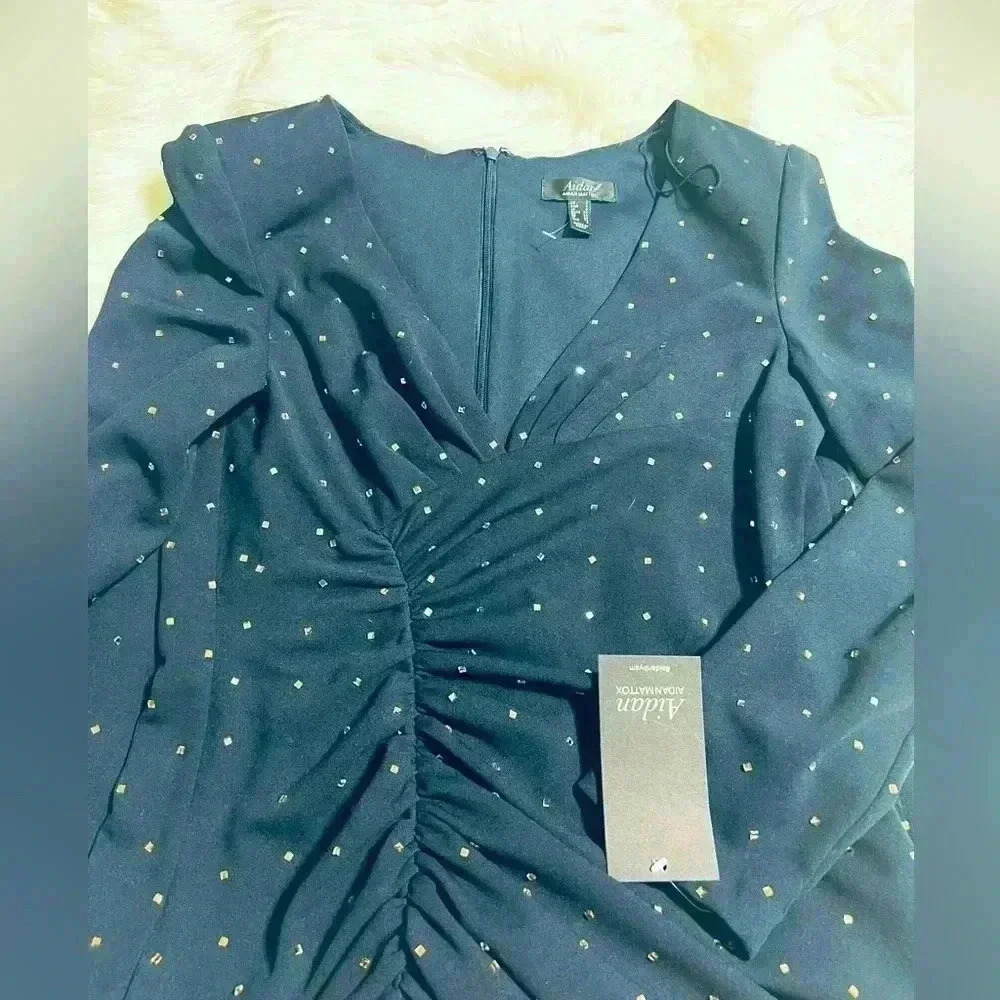 Aidan Mattox Women's Blue V-Neck Long-Sleeve Mock-Wrap - Picture 3 of 5